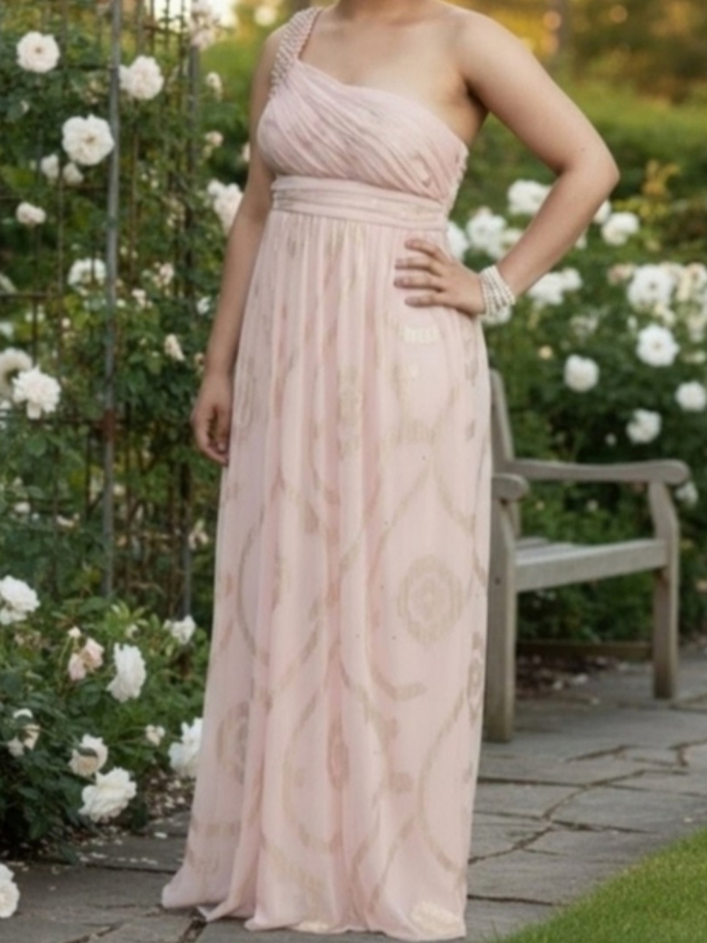 City Triangles One-Shoulder Blush Pink Gown with Pearl Detailing & Gold Accents